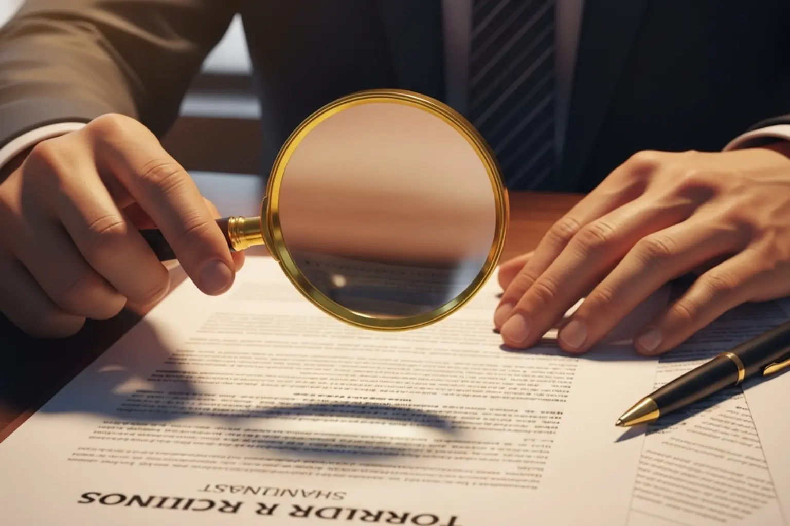 Dokument mit Vertragsbedingungen und Lupe