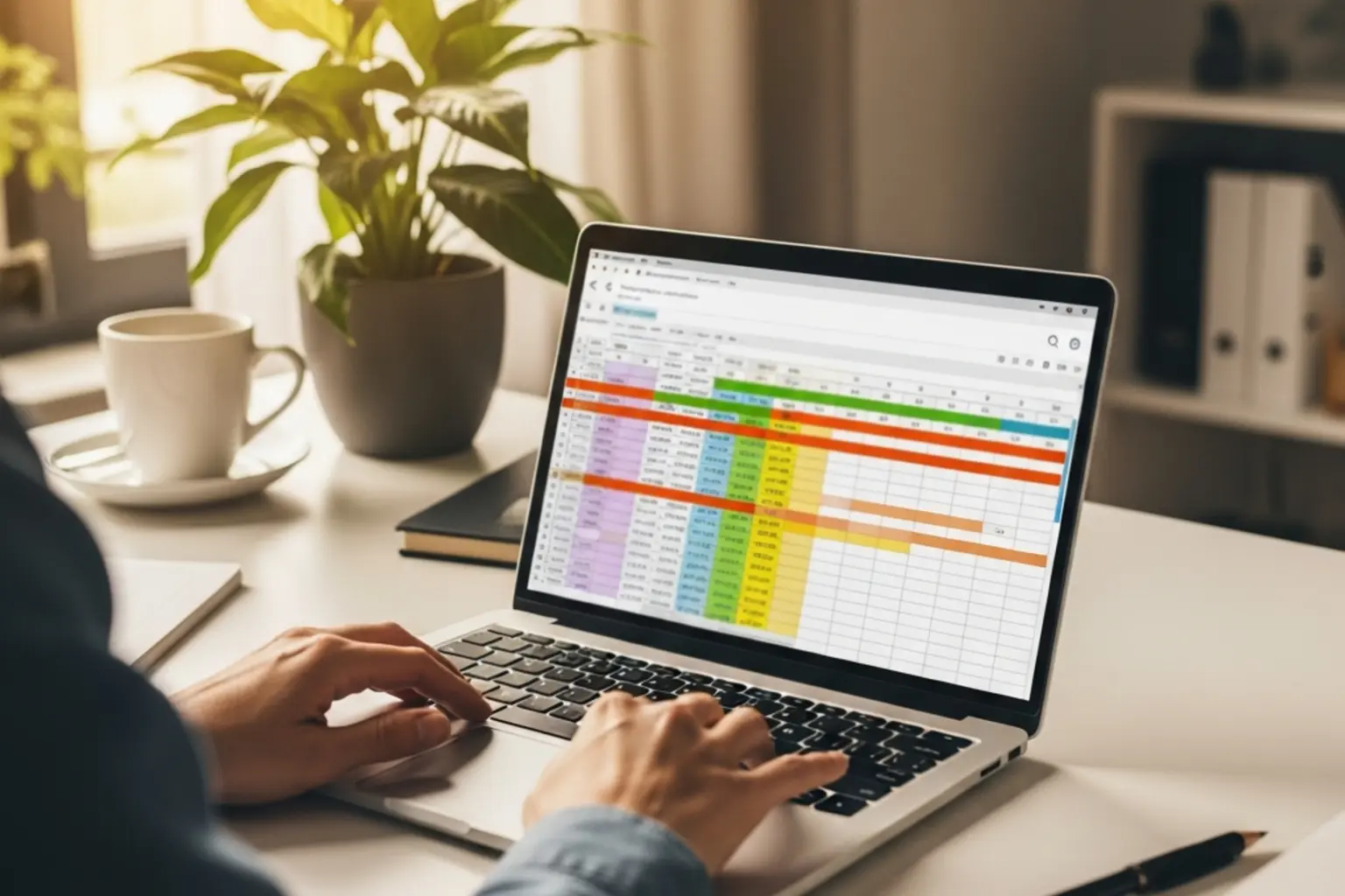 Person erstellt eine Übersicht am Computer mit Tabellenkalkulation