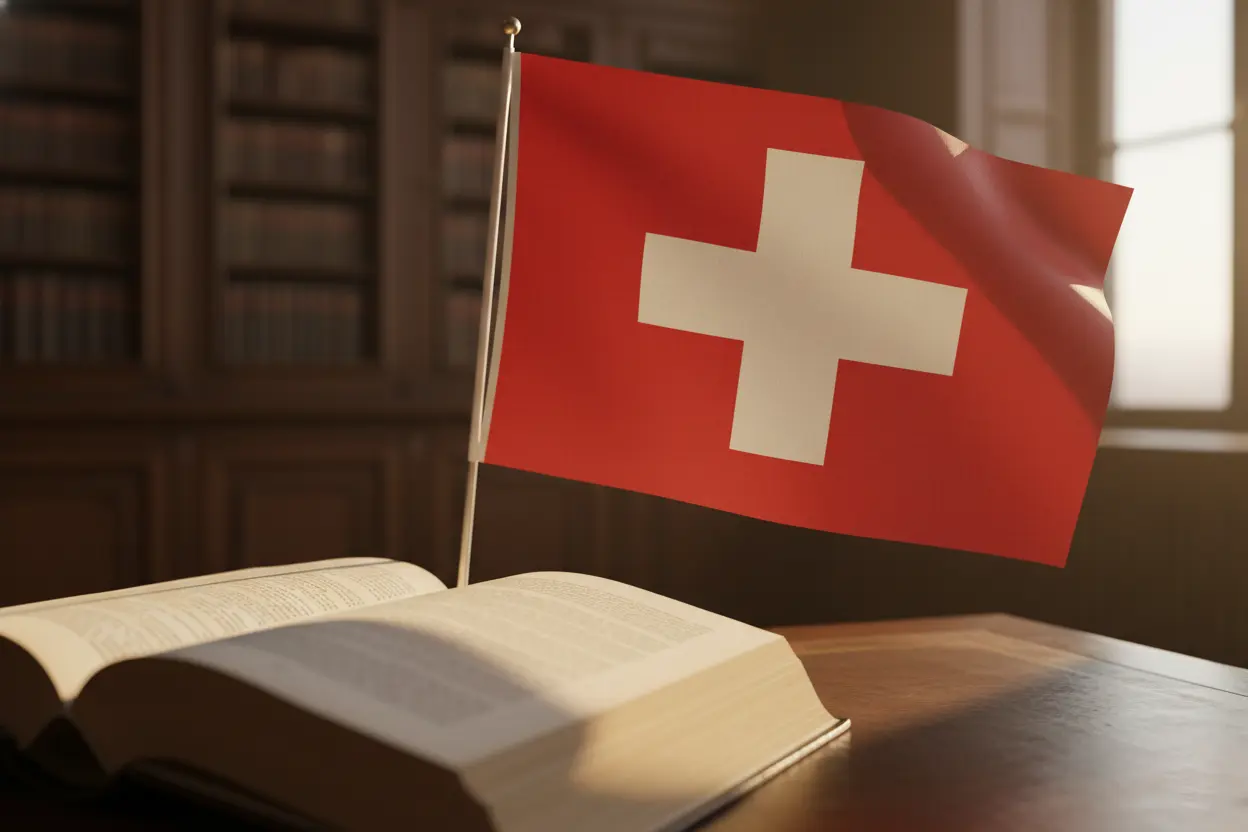 Schweizer Flagge und Gesetzestext symbolisieren das Geldspielgesetz