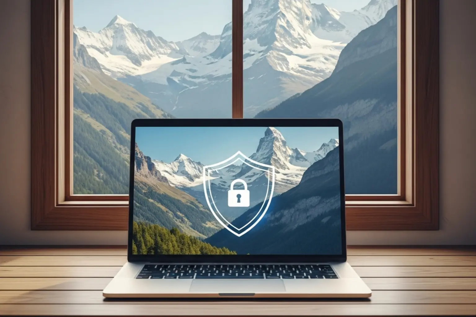 Laptop mit Sicherheitsschloss-Symbol und Schweizer Alpen im Hintergrund