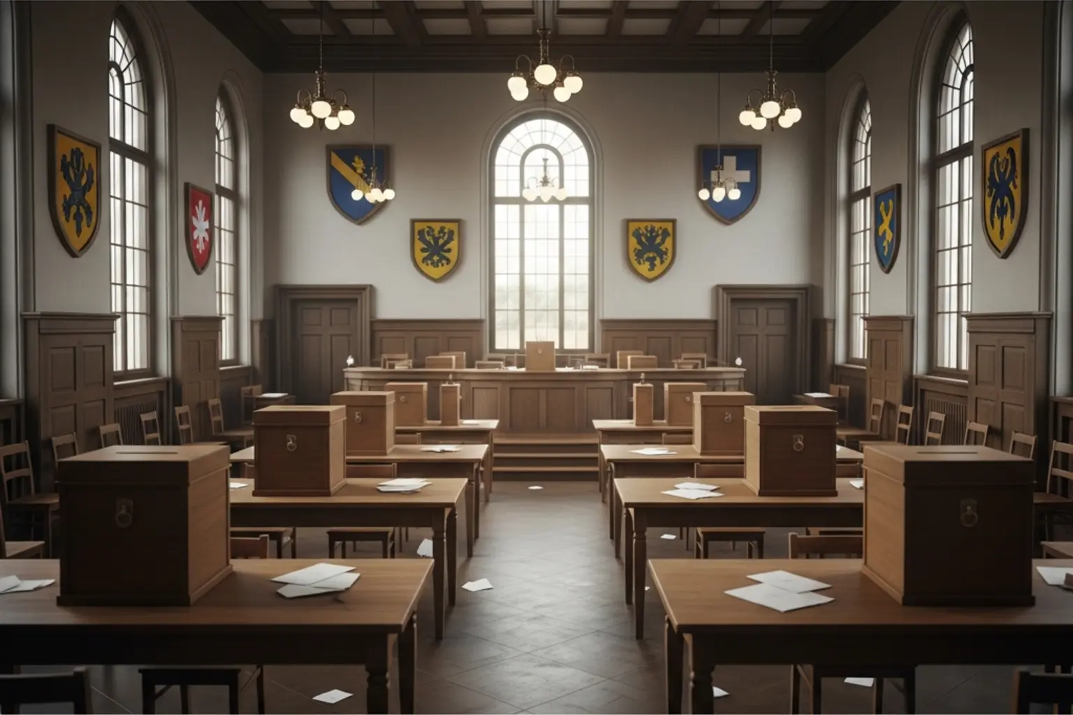 Historische Darstellung eines Schweizer Abstimmungslokals