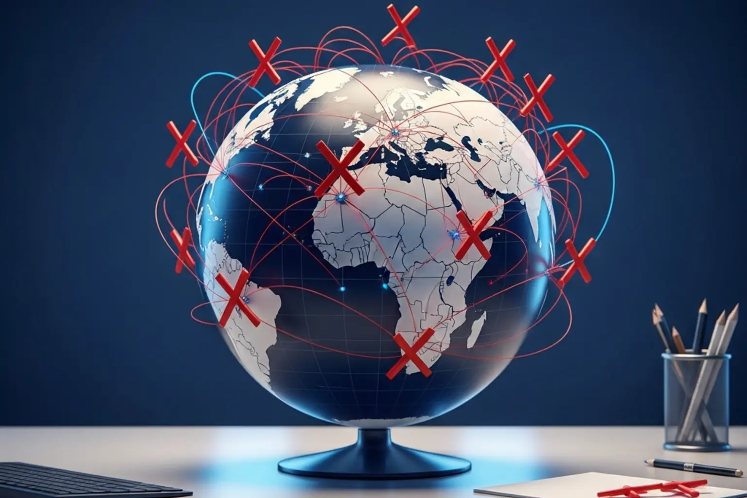 Weltkugel mit blockierten Verbindungen zu verschiedenen Ländern