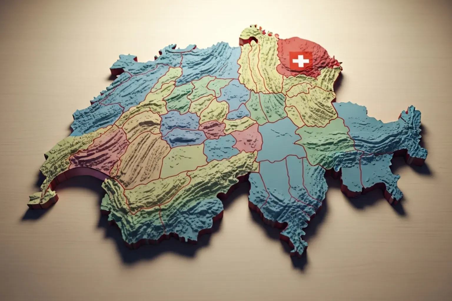 Landkarte der Schweiz mit verschiedenen Kantonen farblich markiert