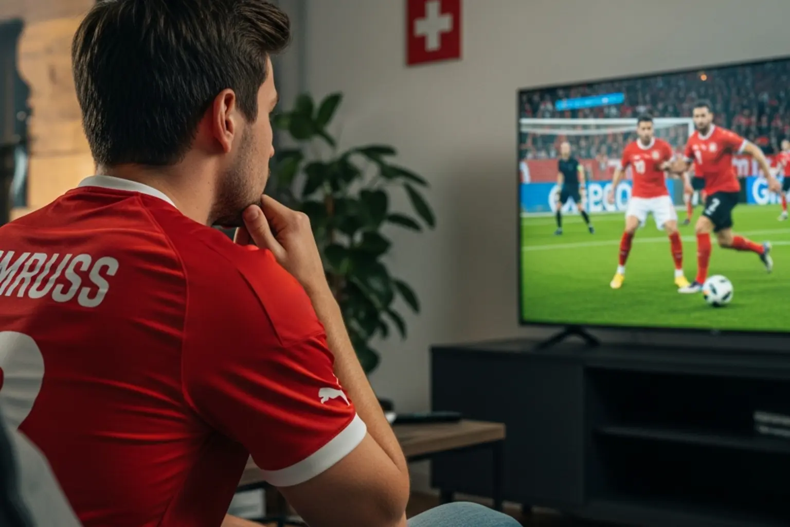 Nachdenklicher Sportfan vor einem Bildschirm mit Sportereignissen