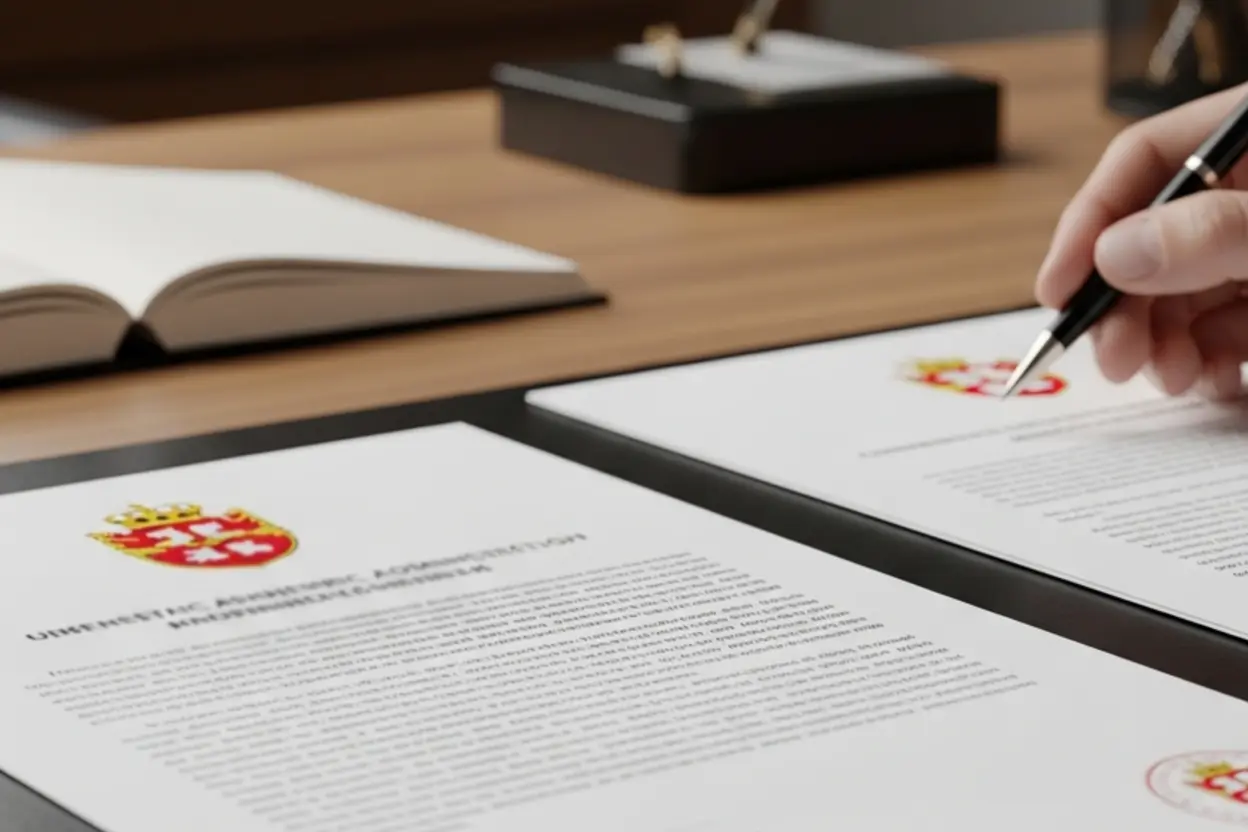 Offizielle Dokumente und Stempel auf einem Behördenschreibtisch