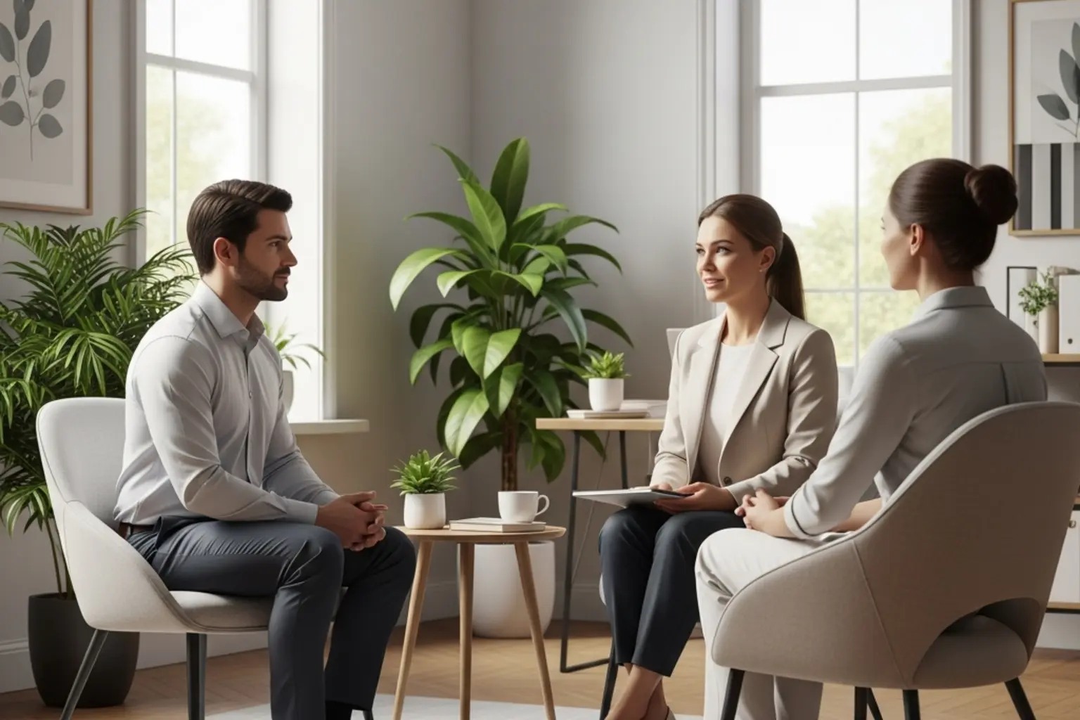 Beratungsgespräch zwischen Fachperson und Klient in ruhiger Umgebung