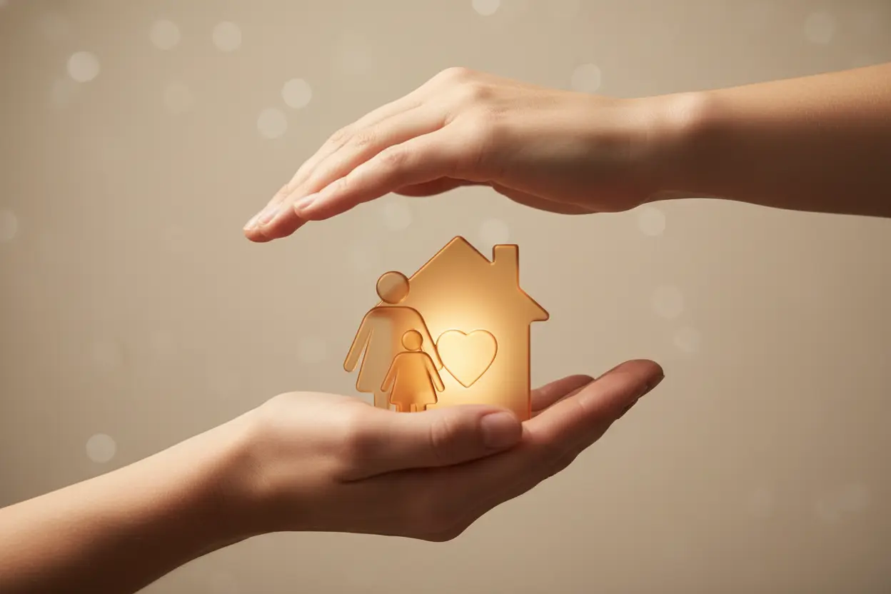 Schützende Hände über einem Familiensymbol