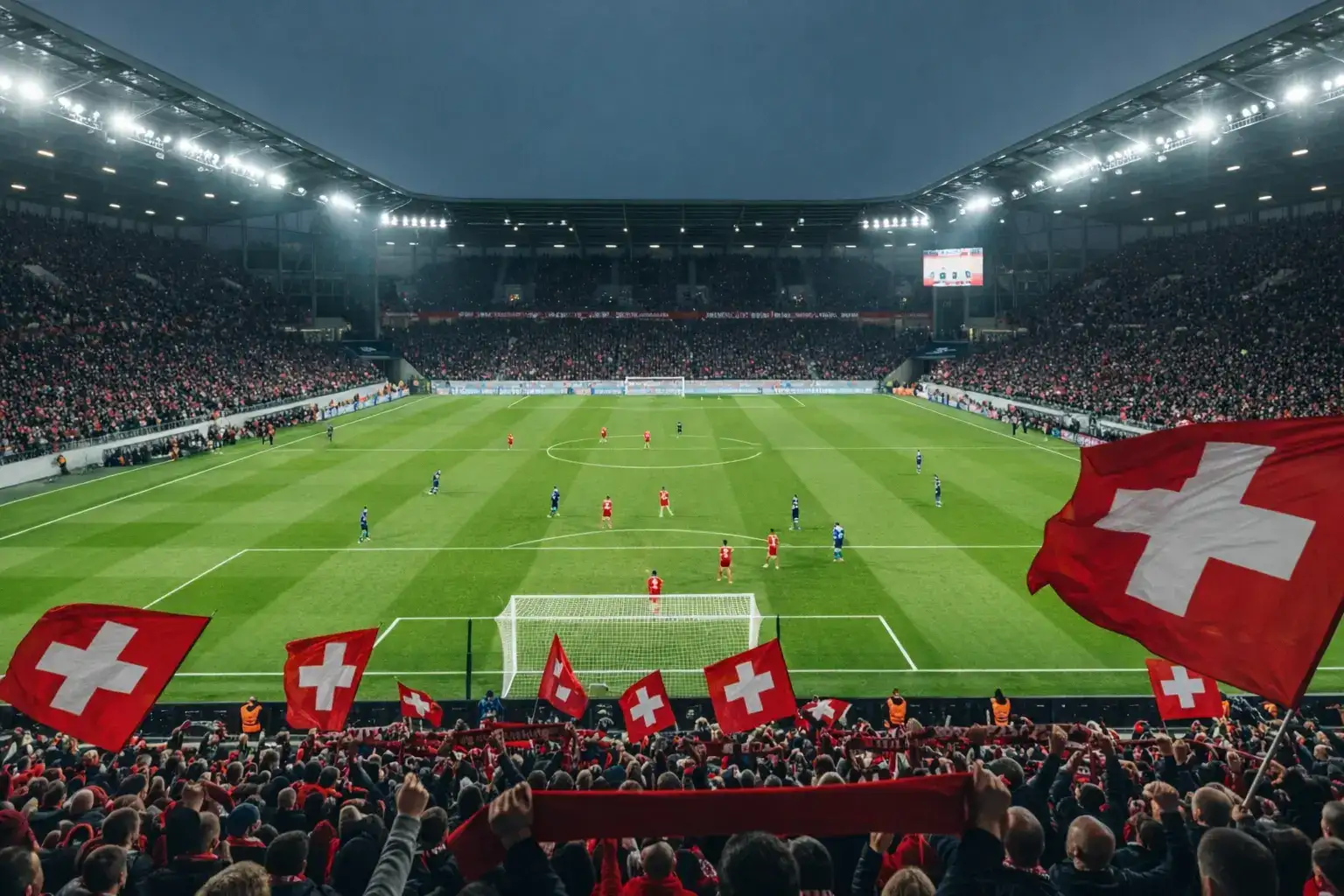 Fussballstadion mit Schweizer Fahnen und begeisterten Fans