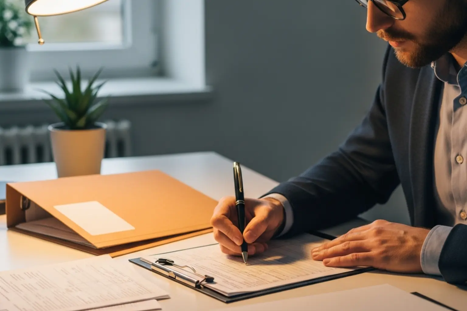 Person füllt Steuererklärung am Schreibtisch aus
