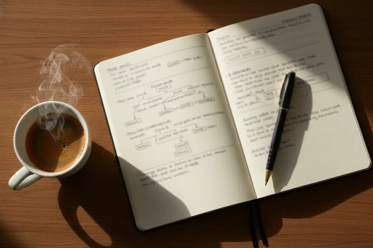 Notizbuch mit Wettstrategien neben einer Tasse Kaffee